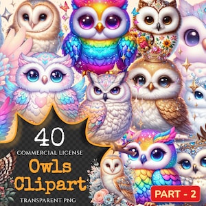 Owls (P-2) PNG Clipart Collection - 40 PNG, Charming owl illustrations, Forest creature printables, Commercial use, Digital download