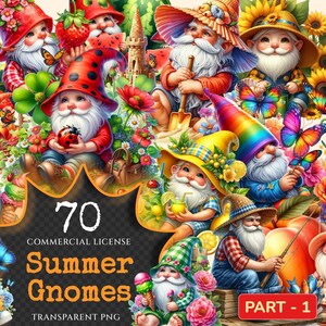 Summer Gnomes PNG Clipart Collection - 70 PNG, Bright summer gnome illustration, Cheerful printables, Commercial use, Digital download