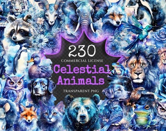 Watercolor Celestial Animals Clipart – 225+ Cosmic PNG Graphics (Digital Download)