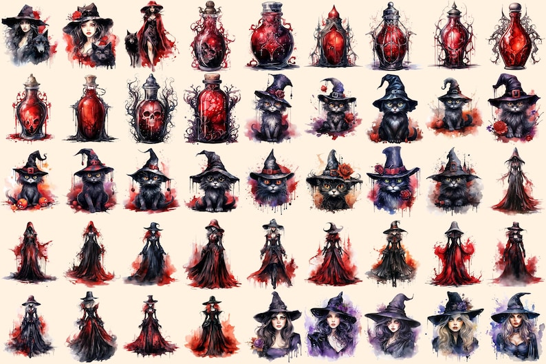 Gothic Witches Watercolor Clipart Bundle – Fantasy PNG Graphics ...