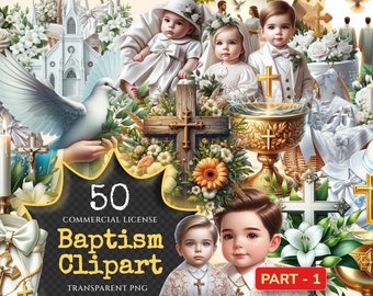 May include: A set of 50 baptism clipart images featuring a white dove, a church, crosses, flowers, candles, and babies. The clipart is perfect for creating invitations, cards, and other crafts.