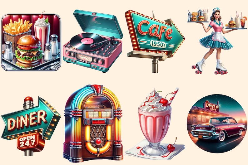 50's Diner Clipart – Retro Graphics PNG Collection (digital Download ...