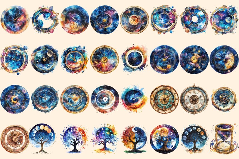 Time Wheels Watercolor Clipart Bundle - 213+ transparent PNG, Vintage clock graphics, Timeless timepiece png,Commercial use,Digital download