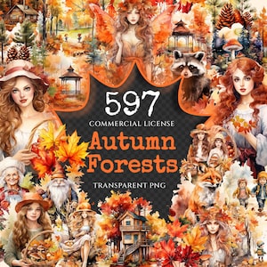 Autumn Forests Watercolor Clipart Bundle - 595+ transparent PNG, Cute woodland graphics, Autumn forest art, Commercial use, Digital download
