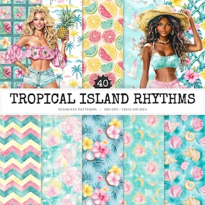 May include: Digital art featuring tropical island patterns. The image includes illustrations of women, fruits, and floral designs. The text "TROPICAL ISLAND RHYTHMS" is displayed, along with "SEAMLESS PATTERNS | 300 DPI / 12x12 INCHES".
