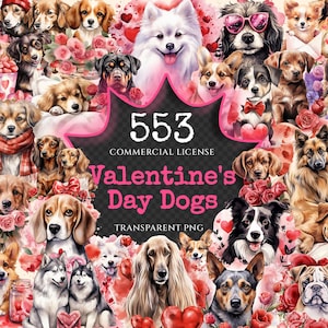 Valentine's Day Dogs Watercolor Clipart Bundle - 550+ transparent PNG, Romantic pet graphics, Love pup art, Commercial use, Digital download