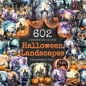 Könnte beinhalten: Eine Collage aus 602 Aquarell-Illustrationen von Halloween-Landschaften. Die Bilder zeigen Spukhäuser, Kürbisse, Bäume und andere Halloween-Elemente. Der Text "602 Halloween Landscapes" und "Commercial License" wird auf schwarzem Hintergrund angezeigt.