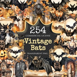 Vintage Bats Watercolor Clipart Bundle - 250+ transparent PNG, Vintage bat png, Classic halloween bat art, Commercial use, Digital download