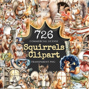 Squirrels Watercolor Clipart Bundle - 721+ transparent PNG, Forest animal graphics, Cheerful squirrel png, Commercial use,Digital download