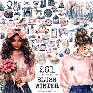 Blush Winter Watercolor Clipart Set - 258+ transparent PNG, Christmas graphics, Winter holiday png images, Commercial use, Digital download