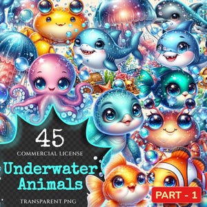Underwater Animals PNG Clipart Collection - 45 PNG, Vibrant sea life graphics, Ocean wildlife art, Commercial use, Digital download