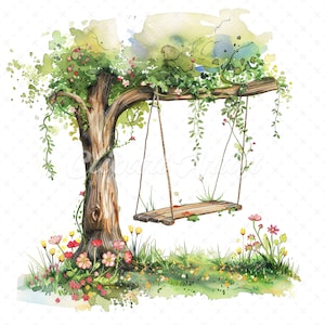 May include: A watercolour painting of a tree with a swing hanging from a branch. The tree is surrounded by green grass and pink flowers. The swing is made of rope and a wooden plank.