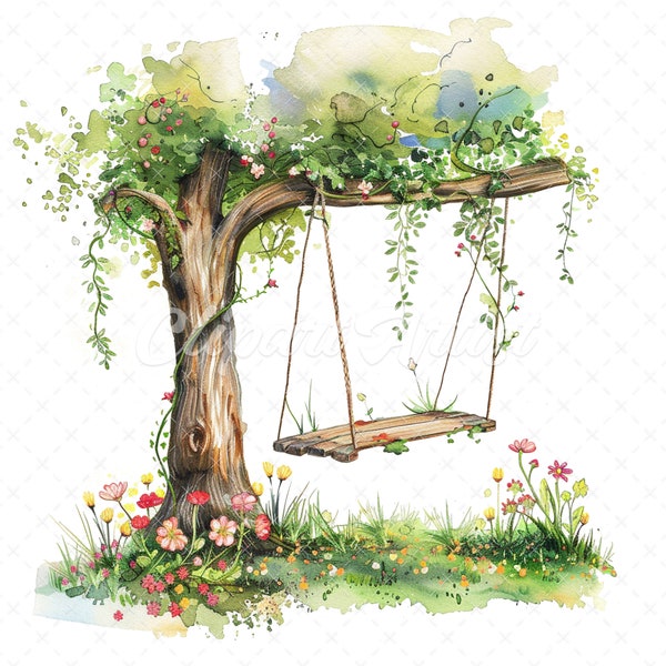 18 High-Quality Tree Swings Clipart - Tree swings digital watercolor JPG instant download for commercial use - Digital download