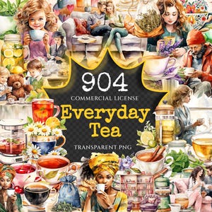 Everyday Tea Watercolor Clipart Bundle - 900+ transparent PNG, Tea bag illustration, Casual beverage images, Commercial use,Digital download