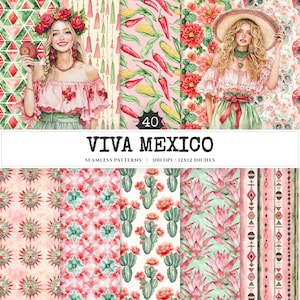 Viva Mexico Seamless Patterns, Cinco de Mayo JPEG, Pinata & cactus pattern, Guitar, Tequila repeating pattern, Digital scrapbook paper