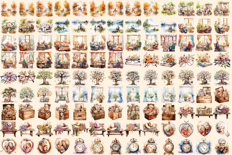 Grandmothers Watercolor Clipart Bundle - 785+ transparent PNG, Warm grandma graphics, Cherished family png, Commercial use, Digital download