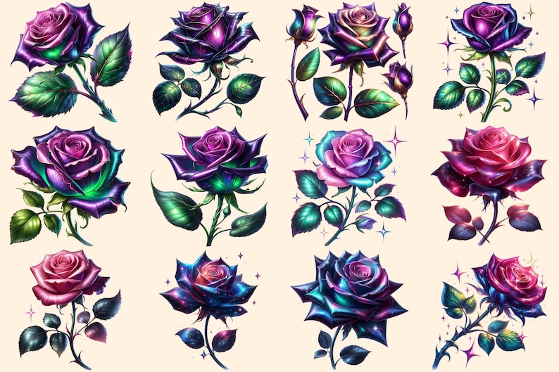 Fantasy Roses PNG Clipart Collection - 54 PNG, Magical rose illustration, Enchanted floral art, Commercial use, Digital download