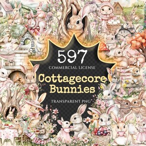 Cottagecore Bunnies Watercolor Clipart Bundle - 594+ transparent PNG, Rustic rabbit graphics, Cute bunny, Commercial use, Digital download