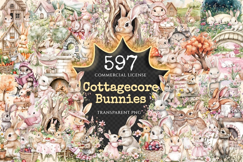 Cottagecore Bunnies Watercolor Clipart Bundle - 594+ transparent PNG, Rustic rabbit graphics, Cute bunny, Commercial use, Digital download