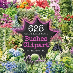 Bushes Watercolor Clipart Bundle - 625+ transparent PNG, Vibrant garden shrub graphics, Lush foliage png, Commercial use, Digital download