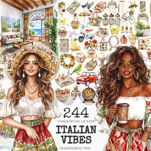Italian Vibes Watercolor Clipart Set - 240+ transparent PNG, Italian summer graphics, Mediterranean images, Commercial use, Digital download