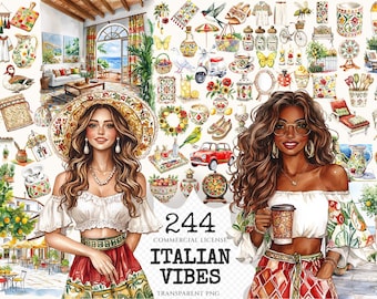 Italian Summer Clipart Set – Watercolor Mediterranean Graphics (Digital Download)