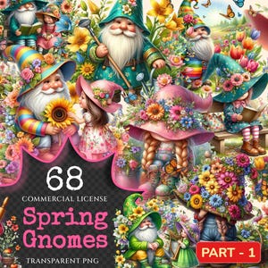 Spring Gnomes PNG Clipart Collection - 68 PNG, Wildflower gnome graphics, Spring garden printables, Commercial use, Digital download