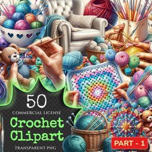 Crochet PNG Clipart Collection - 50 PNG, Knitting and hook illustrations, DIY craft printables, Commercial use, Digital download