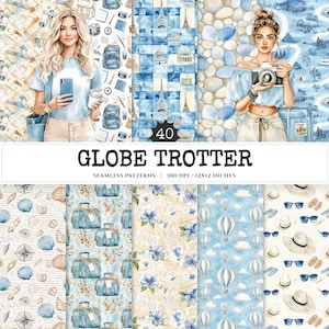 Globe Trotter Seamless Patterns, Traveling summer JPEG, Seashell pattern, Airplane, Travel memory repeating pattern, Digital scrapbook paper