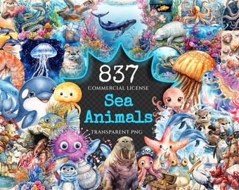 Watercolor Sea Animals Clipart Bundle – 832+ PNG Graphics (Digital Download)