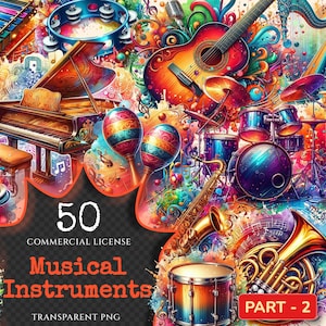 Musical Instruments (P-2) PNG Clipart Collection - 50 PNG, Colorful music graphics, Instrument printables, Commercial use, Digital download