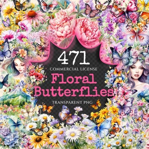 Floral Butterflies Watercolor Clipart Bundle - 468+ transparent PNG, Floral butterfly graphics, Spring png, Commercial use, Digital download