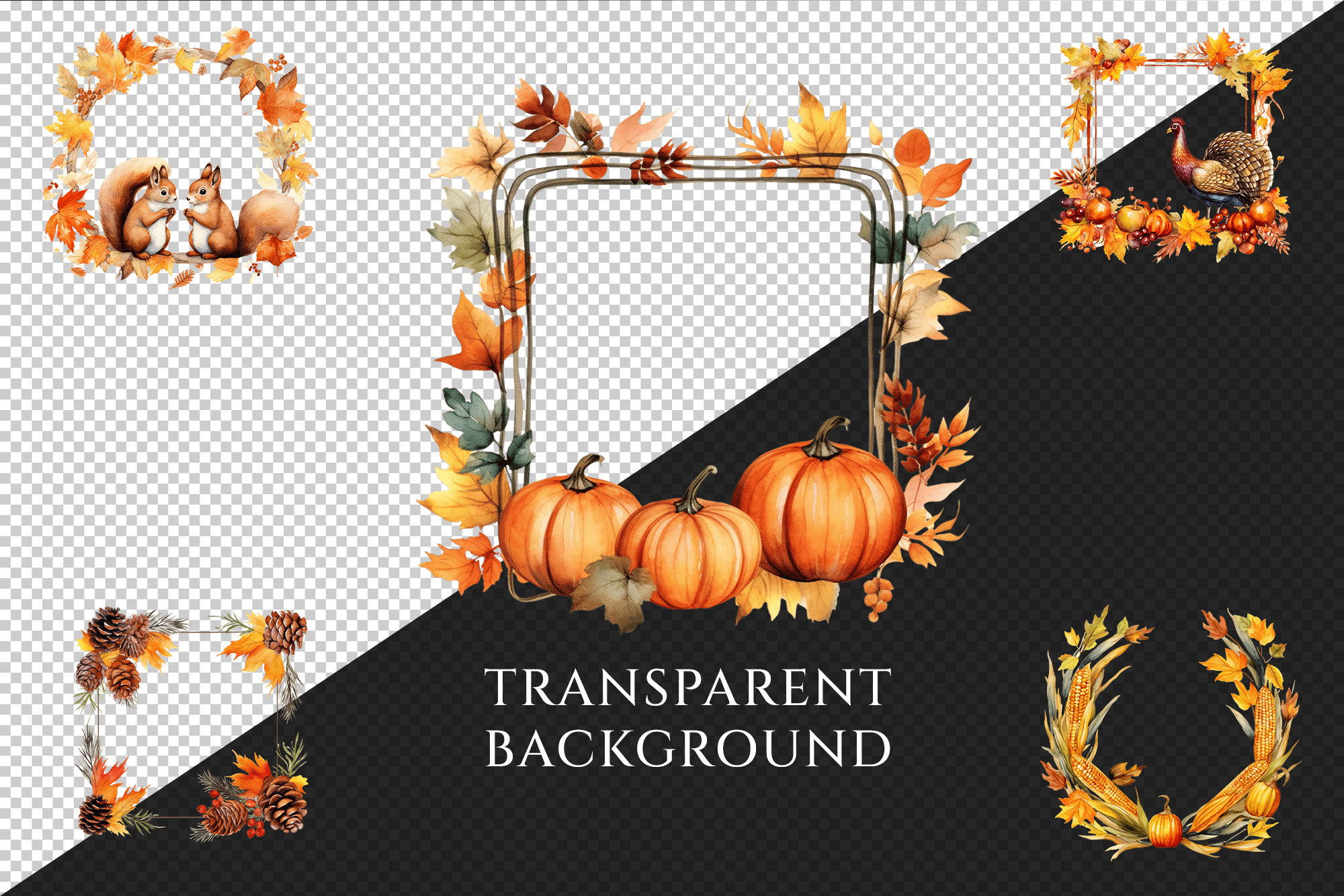 Watercolor Autumn Frames Clipart – Fall Floral PNG Bundle (digital ...