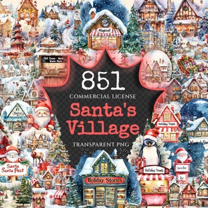 Santa's Village Watercolor Clipart Bundle - 846+ transparent PNG, Cheerful arctic holiday scenes, Xmas png, Commercial use, Digital download