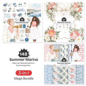 Op de afbeelding: Een digitale kunstbundel getiteld "Summer Marina" met clipartsets, bijpassende patronen en bloemstukken. De afbeelding bevat illustraties van vrouwen, nautische elementen en bloemmotieven. De bundel wordt aangeboden als een 3-in-1 mega-bundel.