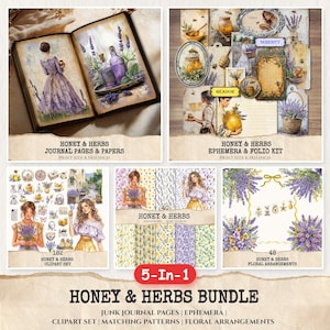 Op de afbeelding: Een 5-in-1 Honey & Herbs bundel met junk journal pagina's, ephemera, clipart, bijpassende patronen en bloemstukken. De bundel bevat journaalpagina's, een folio kit, een clipart set en bloemstukken. Het kleurenpalet omvat paars, geel en beige.