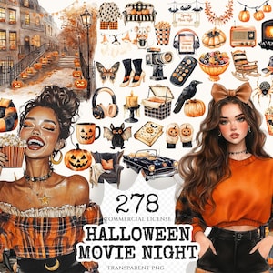 Halloween Movie Night Watercolor Clipart Set - 275+ transparent PNG, Hallows eve graphics, Spooky night art, Commercial use,Digital download