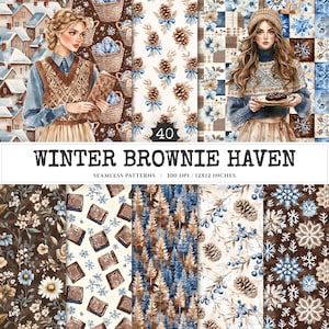 Puede incluir: Una colección de arte digital titulada "Winter Brownie Haven" con varios patrones sin costuras. Los patrones incluyen ilustraciones de piñas, copos de nieve, diseños florales y cuadrados de brownie. La paleta de colores consta de tonos marrones, azules y blancos.