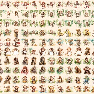 Monkeys Watercolor Clipart Bundle - 1060+ transparent PNG, Jungle animals graphics, Cute nursery images, Commercial use, Digital download