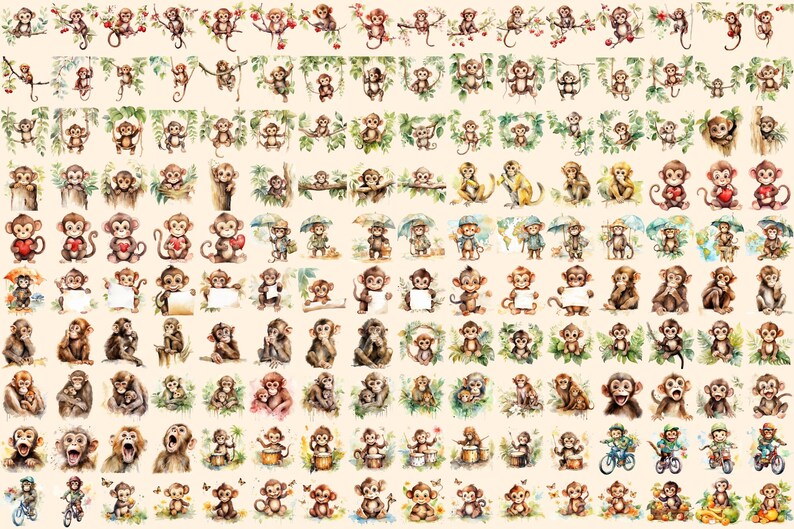 Monkeys Watercolor Clipart Bundle - 1060+ transparent PNG, Jungle animals graphics, Cute nursery images, Commercial use, Digital download