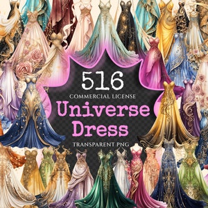 Universe Fantasy Dress Watercolor Clipart Bundle - 510+ transparent PNG, Fashion couture art, Glam dress, Commercial use, Digital download