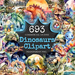 Dinosaurs Watercolor Clipart Bundle - 690+ transparent PNG, Dino graphics, Ancient dinosaur creature png, Commercial use, Digital download