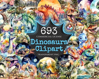 Watercolor Dinosaurs Clipart Bundle – 690+ Dino PNG Graphics (Digital Download)