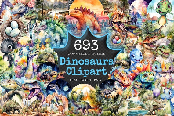 Watercolor Dinosaurs Clipart Bundle – 690+ Dino PNG Graphics (Digital Download)