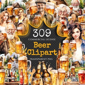 Beer Watercolor Clipart Bundle - 305+ transparent PNG, Craft beer illustrations, Lager and ale png images, Commercial use, Digital download