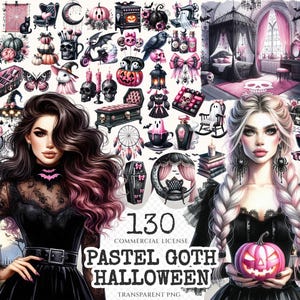 以下が含まれることがあります： パステルゴスハロウィーンをテーマにしたデジタルアート。カボチャ、骸骨、コウモリ、ゴシック装飾のイラストが含まれています。2人の女性が前景にいて、「130 PASTEL GOTH HALLOWEEN」というテキストが表示されています。