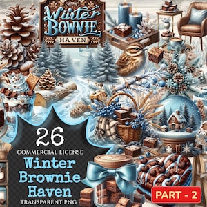 Puede incluir: Una composición de arte digital con temática invernal, con brownies, galletas y elementos decorativos. La imagen incluye un letrero que dice "Winter Brownie Haven" y el texto "26 Commercial License Transparent PNG".