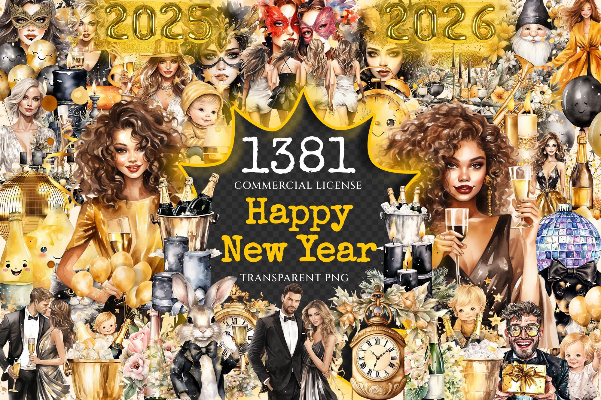 New Year's 2025 Watercolor Clipart Bundle – Holiday PNG Graphics