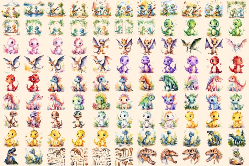 Dinosaurs Watercolor Clipart Bundle - 690+ transparent PNG, Dino graphics, Ancient dinosaur creature png, Commercial use, Digital download