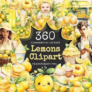 Lemons Watercolor Clipart Bundle - 355+ transparent PNG, Citrus summer refreshments, Mediterranean tile, Commercial use, Digital download